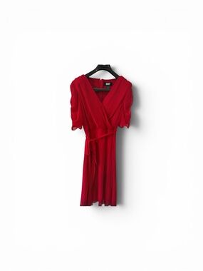 DKNY Red Wrap-Style Midi Dress with Puff Sleeves